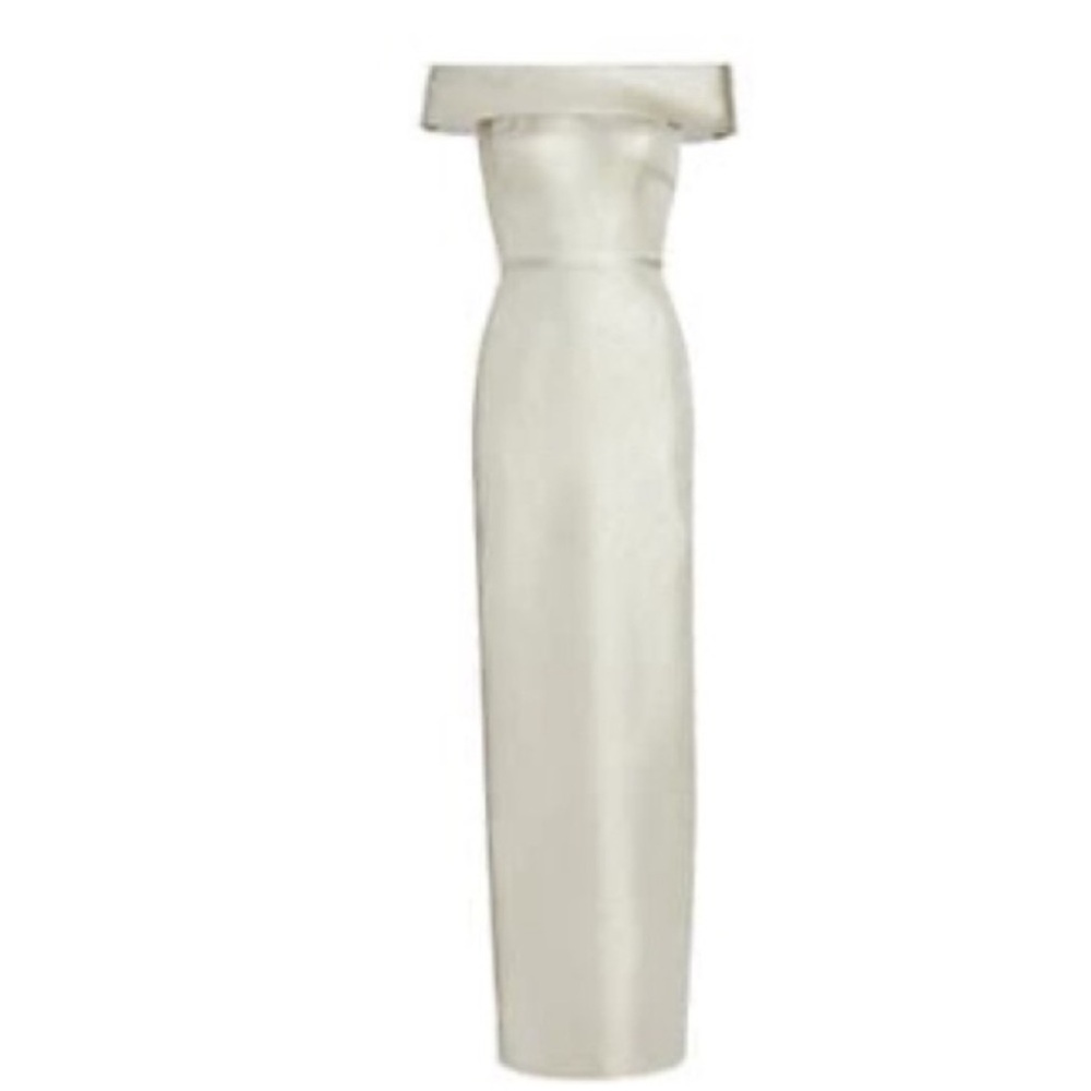 Rickie Freeman Teri Jon Champagne Shimmer Off Shoulder Column Dress Size 6